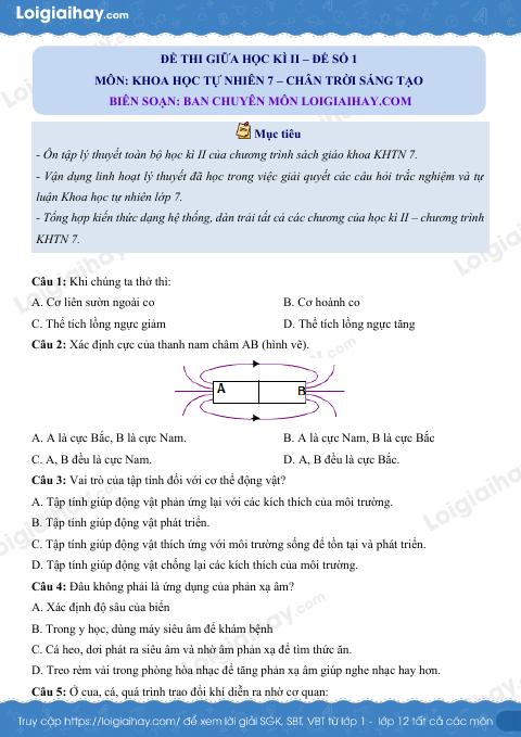 Đề thi giữa kì 2 KHTN 7 Chân trời sáng tạo - Đề số 1